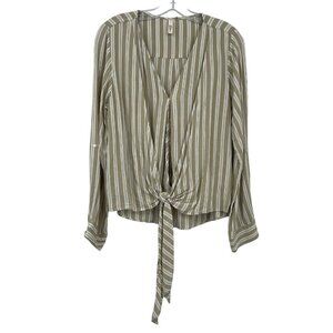 Elan Top Women's M Tan White Stripe Cross Over‎ Tie Front Roll Tab Sleeve Breezy